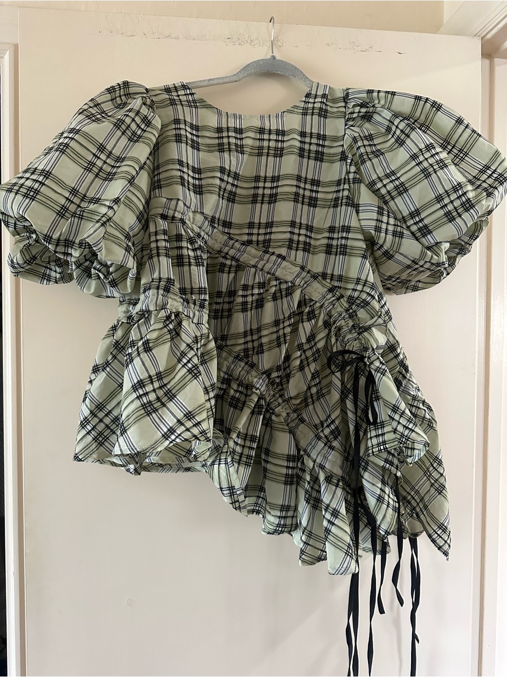 Puff Sleeve Plaid Ruffle Blouse in Sage Green